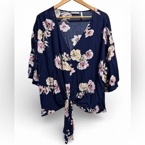 LUQ Navy Floral Tie-Front Blouse XXL